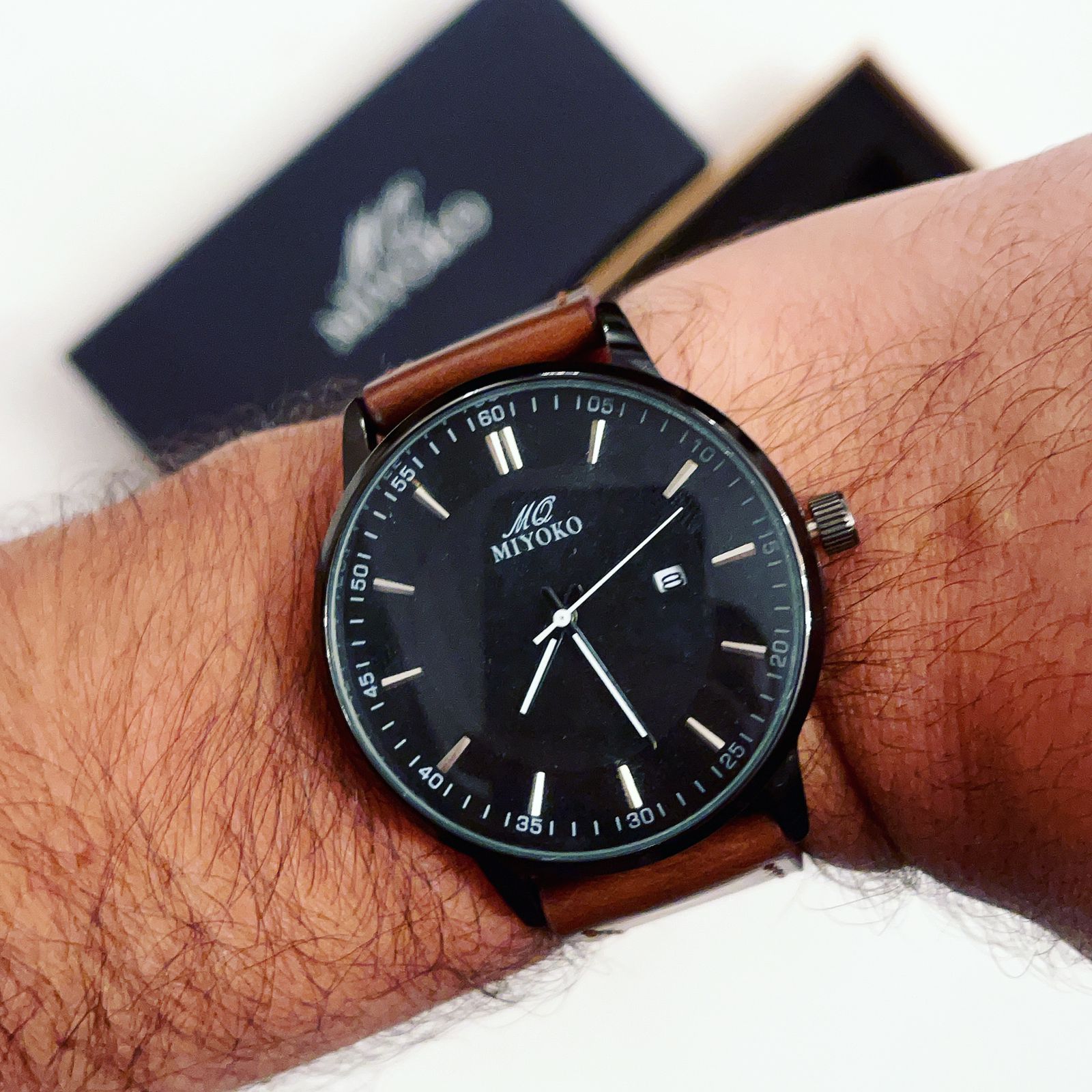Brown In Black Leather Elegant Men Watch Miyoko Watches