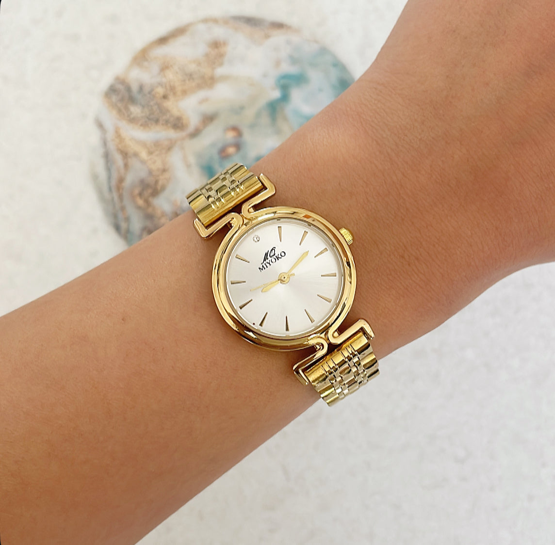 Gold White Orbit Metal Watch