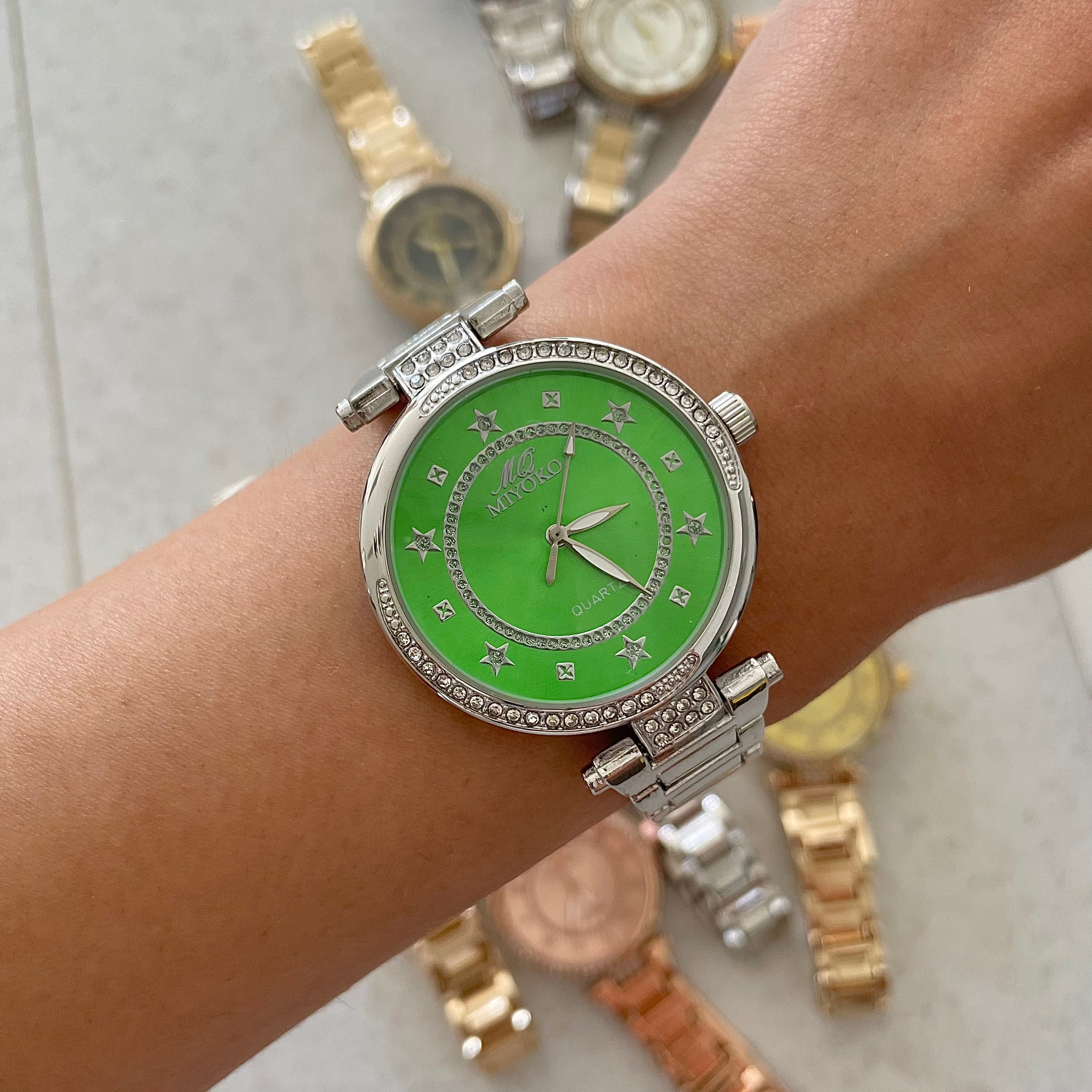 Silver Green good vibes metal watch