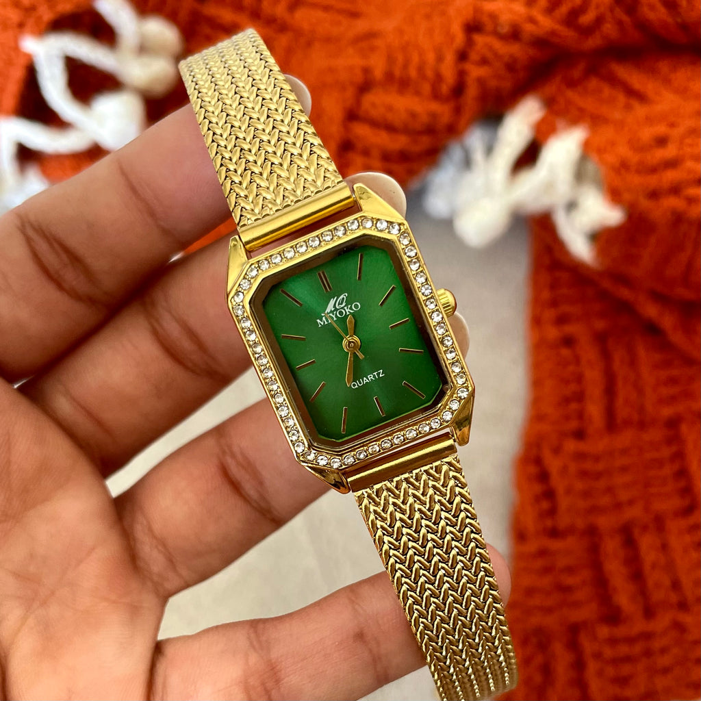 Gold Green Marquise Metal Watch