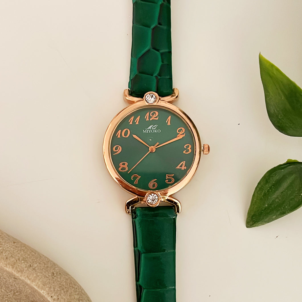 Green Pearls Leather Watch