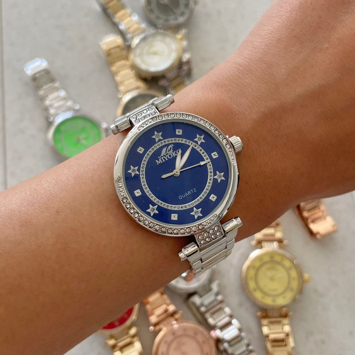 Silver blue good vibes metal watch