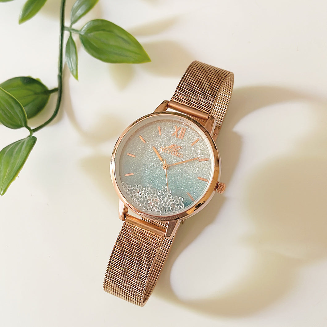 Rosegold Blue Sparkles Metal Watch