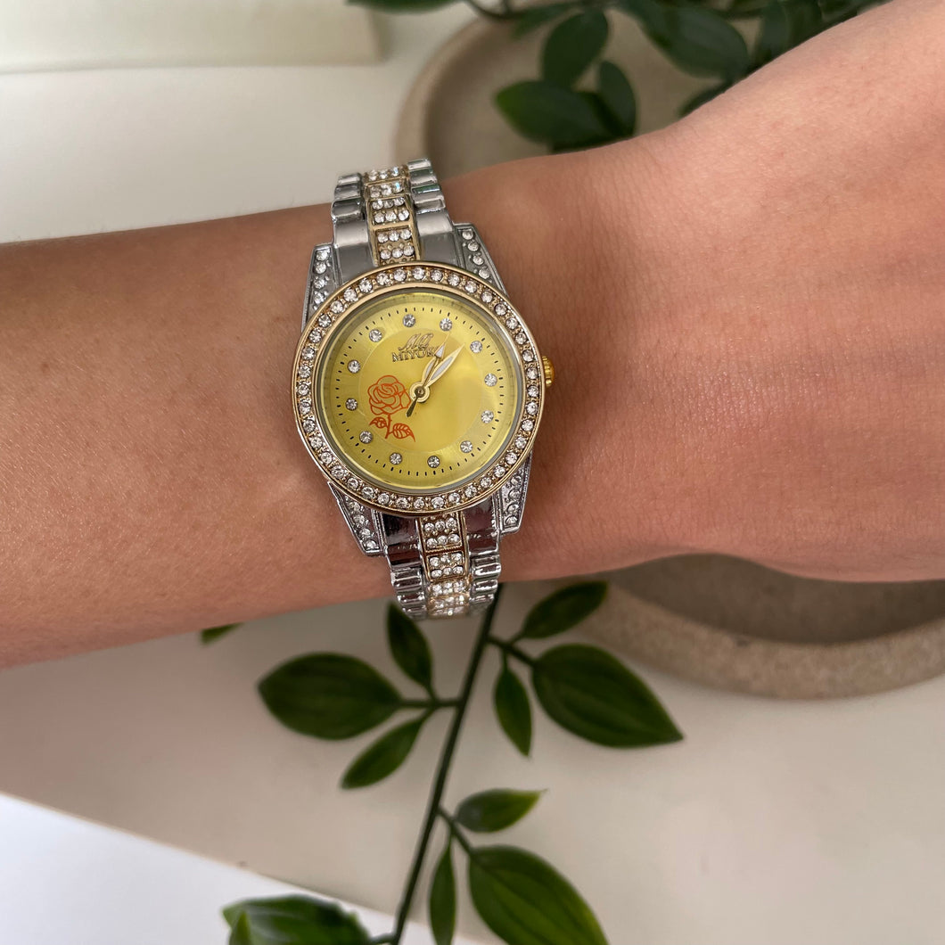 Mixed Yellow Blossom Metal Watch