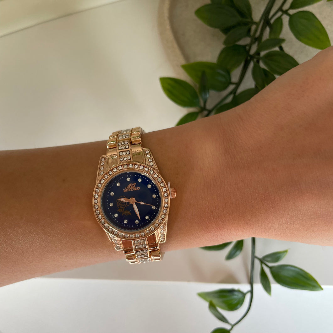 Rose Gold Blue Blossom Metal Watch