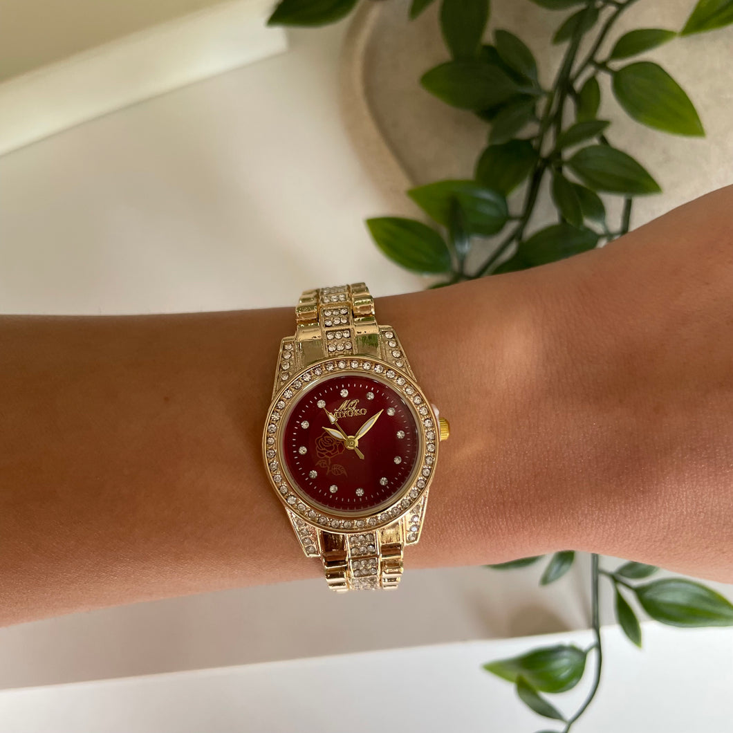 Gold Red Blossom Metal Watch