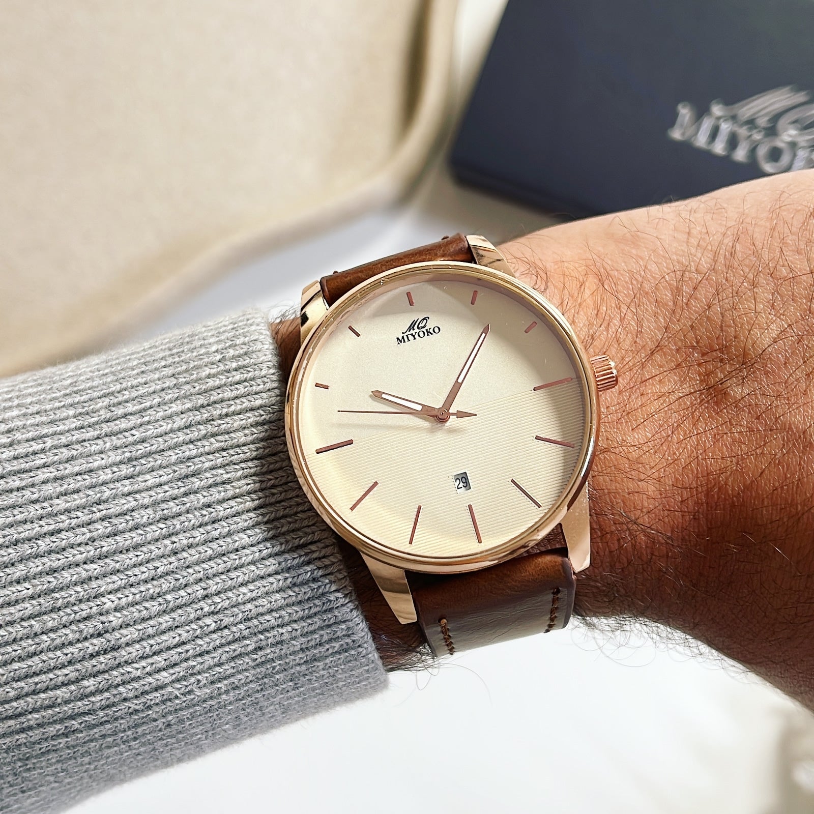 Brown Leather Rose Gold Frame White Dial Men Watch – Miyoko Watches