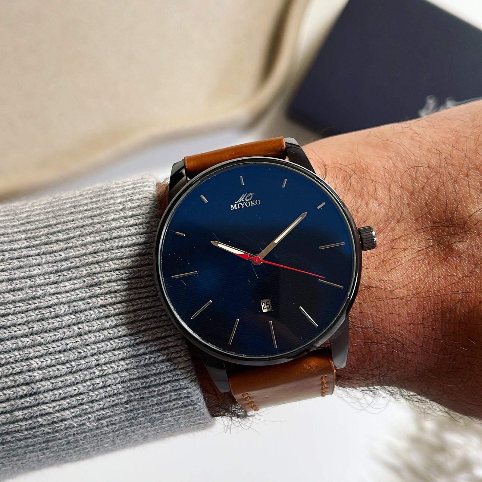 Brown Leather Black Frame Blue Dial Men Watch – Miyoko Watches